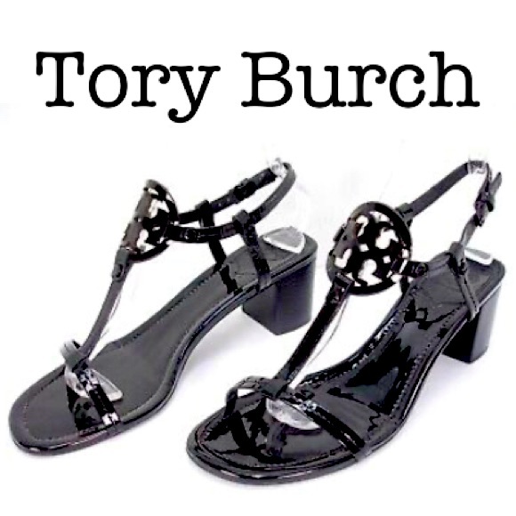 Tory Burch Miller Black Patent Leather T Strap Logo Block Sandals Size 10 1/2 - Picture 1 of 15